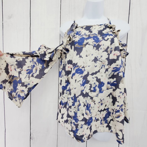 Sim & Sam Floral Ruffle Trimmed Cold Shoulder Long Sleeve Crepe Top EUX Small - Picture 1 of 9